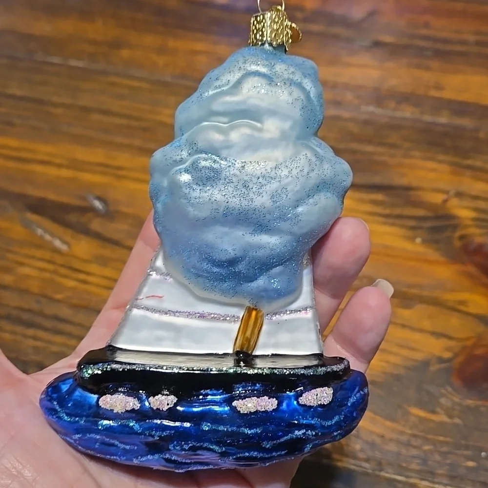 Old World Christmas Sailboat Ornament with Blue and White Design 5 Inches